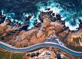 Rocky coastline along the Pacific Ocean viewed from above