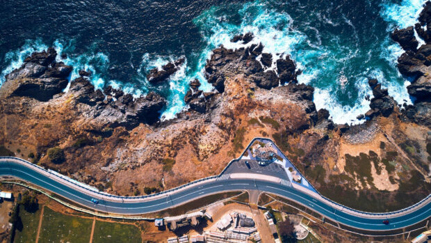 Rocky coastline along the Pacific Ocean viewed from above