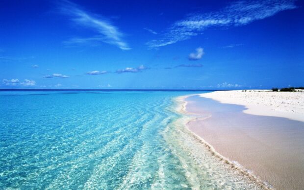 Crystal clear water of the Pacific Ocean meeting a white sandy shore under a bright blue sky