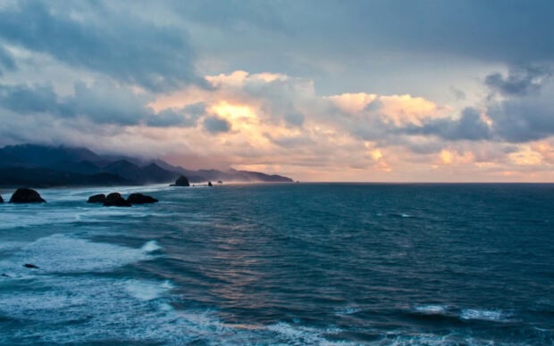 A scenic coastal view with Pacific Ocean waves and distant rocky shoreline under cloudy sky