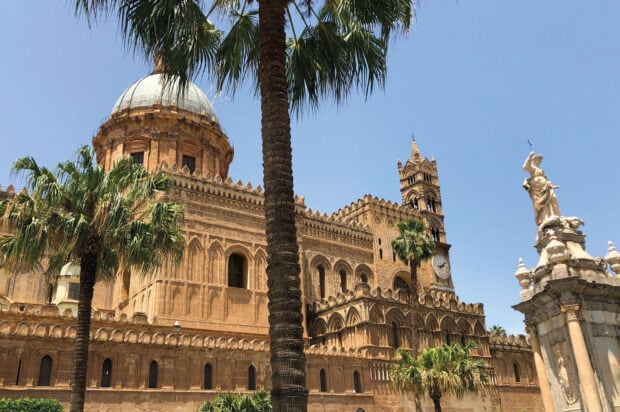 Historic Palermo architecture with palm trees under clear blue sky