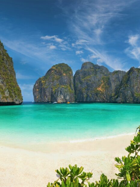 Clear turquoise water and limestone cliffs at Phi Phi islands with green plants in foreground