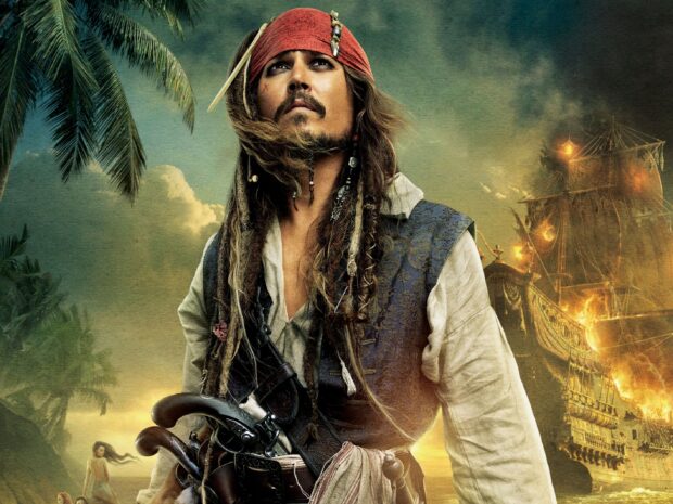 A pirate standing with pistols and a burning ship in the background on a tropical island pirate of the caribbean
