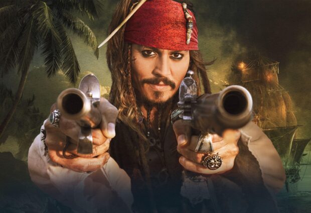 A pirate aiming two flintlock pistols with a ship and palm trees in the background