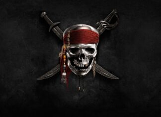 A skull with a red bandana and crossed pirate swords symbolizing Pirates of the Caribbean