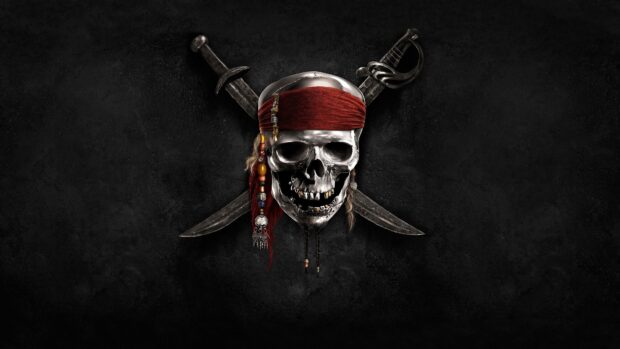 A skull with a red bandana and crossed pirate swords symbolizing Pirates of the Caribbean