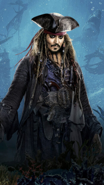 Captain Jack Sparrow character from Pirates Of The Caribbean in detailed pirate costume underwater