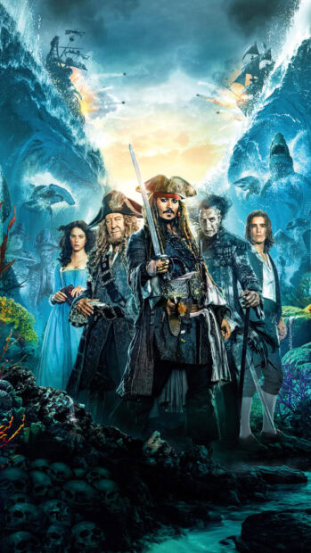 Pirates of the Caribbean characters stand on rocky shore with pirate ships and sea creatures