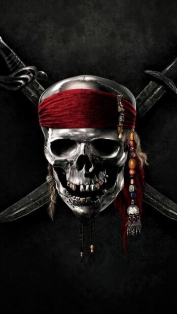 A detailed skull with a red bandana and pirate beads against a dark background
