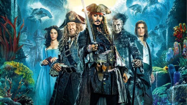 The Pirates Of The Caribbean characters standing underwater with coral reefs and sea creatures surrounding them