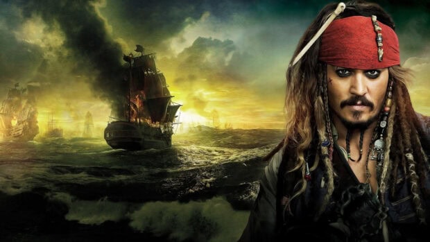 A pirate captain faces the sea with burning ships in the background during a stormy battle
