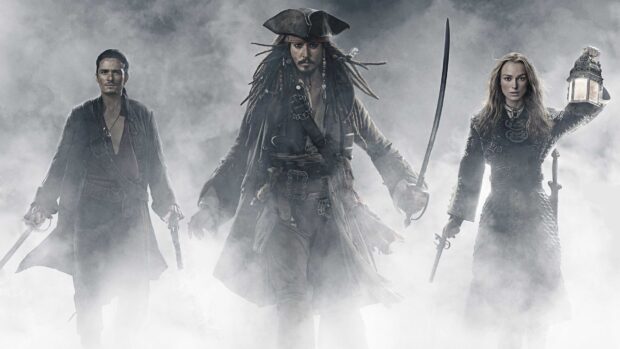 Captain Jack Sparrow and his crew from Pirates of the Caribbean standing in the fog