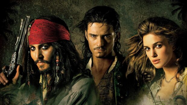 Pirates of the Caribbean characters in detailed pirate costumes and intense expressions
