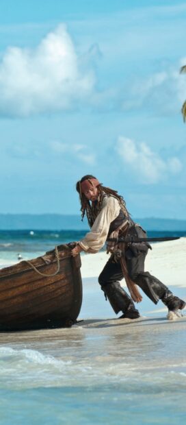 Pirate character pushing a wooden boat on a tropical beach with clear blue sky