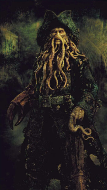A detailed character from Pirates of the Caribbean with an octopus beard and pirate hat standing in the dark