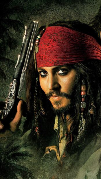 A detailed portrait of pirates of the caribbean character wearing a red bandana and holding a pistol