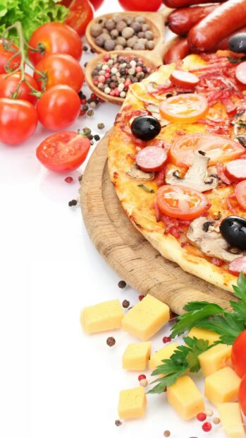 Pizza Wallpapers 4K Mobile Fresh pizza topped with tomatoes olives sausage and cheese cubes on a wooden board surrounded by vegetables and spices