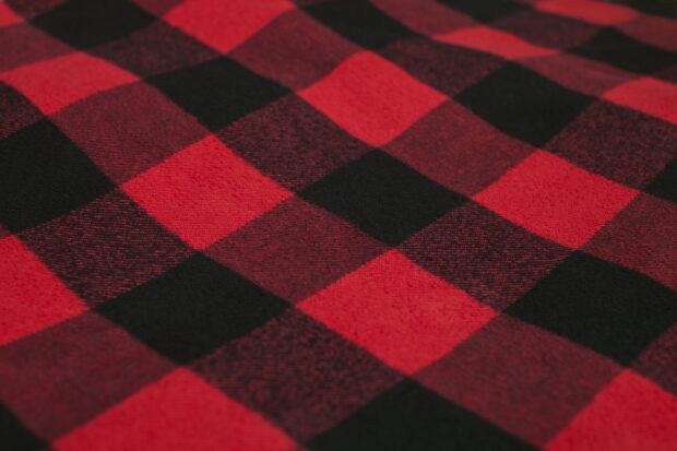 Close up view of plaid pattern fabric in red and black colors