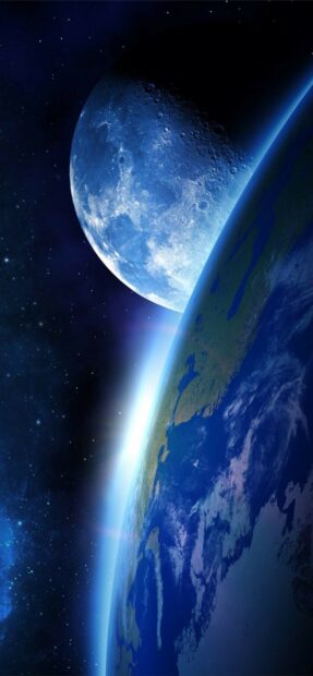 The moon rising above planet earth with detailed surface features in outer space