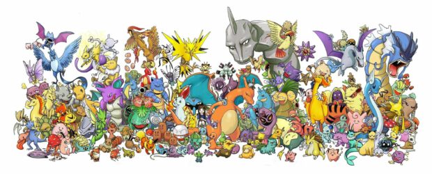 A large group of Pokemon characters from the Pokemon anime gathered together in a colorful scene