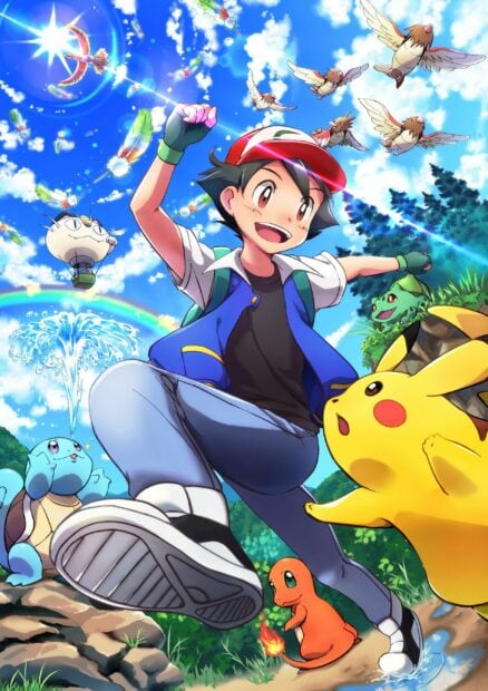 Ash Ketchum and Pokemon team enjoying a bright sunny day in a vibrant outdoor setting