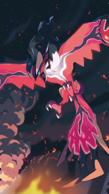 Dark Pokemon creature flying fiercely over burning landscape with smoke and flames