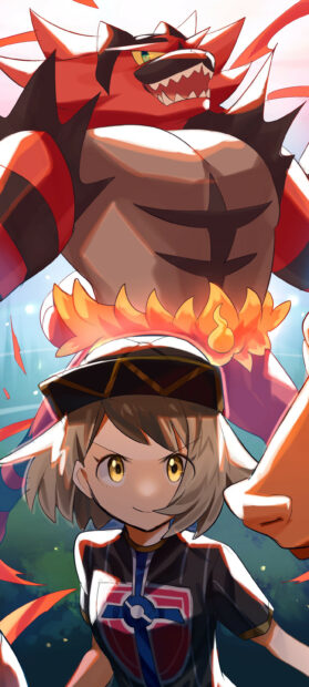 A confident Pokemon trainer stands with a fiery Pokemon anime character ready for battle