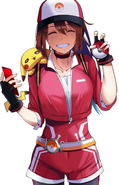 Smiling female Pokemon trainer with Pikachu on her shoulder holding a Pokeball and smartphone