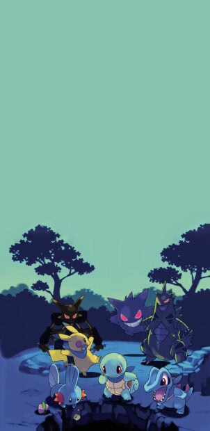 Dark and light type Pokemon characters gathered near a stone well in a forest at night