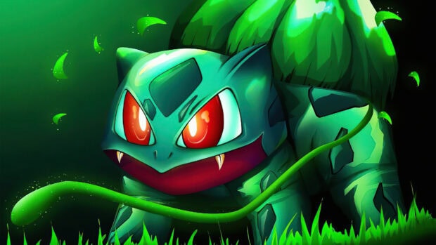 Bulbasaur is a classic Pokemon anime character standing in glowing grass under green light