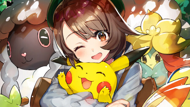 A girl hugging a Pikachu with wool and flower Pokemon characters around her