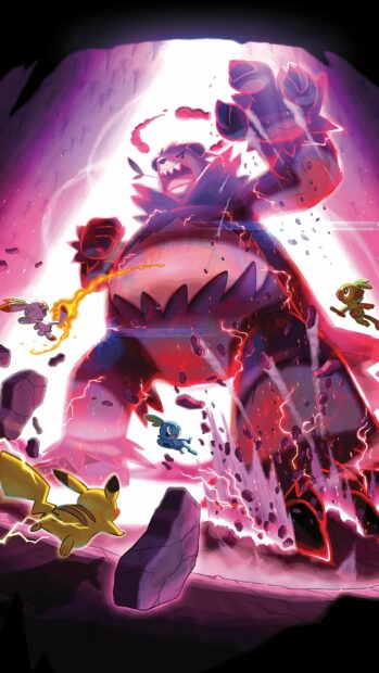 Gigantamax Pokemon fighting in a cave with other Pokemon around in action scene