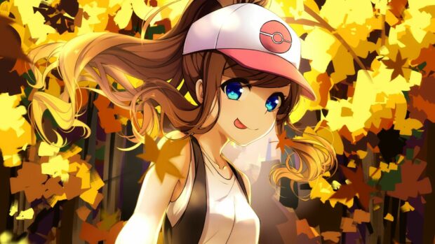 A Pokemon anime girl with a cap and flowing hair surrounded by autumn leaves