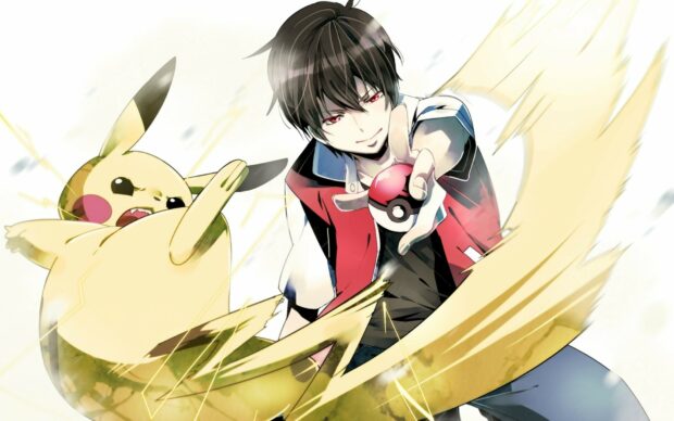 A Pokemon trainer throwing a pokeball with pikachu unleashing electric attack