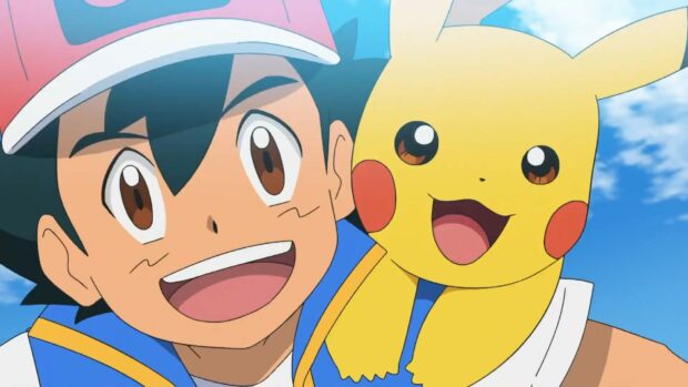 Ash and Pikachu smiling together in a vibrant Pokemon anime scene