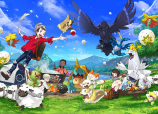 A group of Pokemon and trainers enjoying nature in a lively Pokemon anime scene