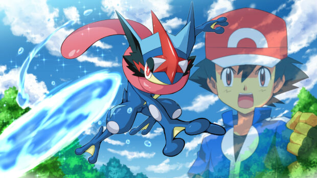 Greninja using water attack with Ash Ketchum in the background from Pokemon anime