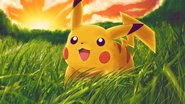 Pikachu character from Pokemon running happily through tall grass at sunset in a natural scene
