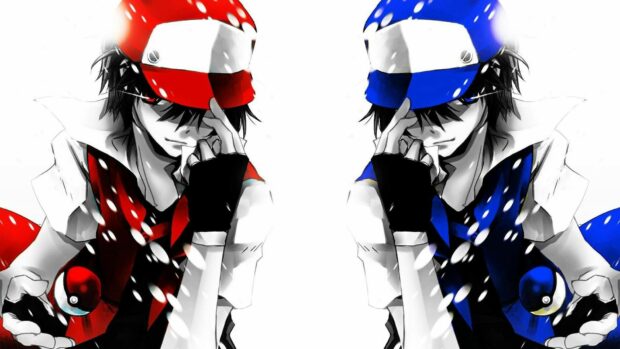 Two Pokemon trainers with red and blue hats holding pokeballs in an anime style