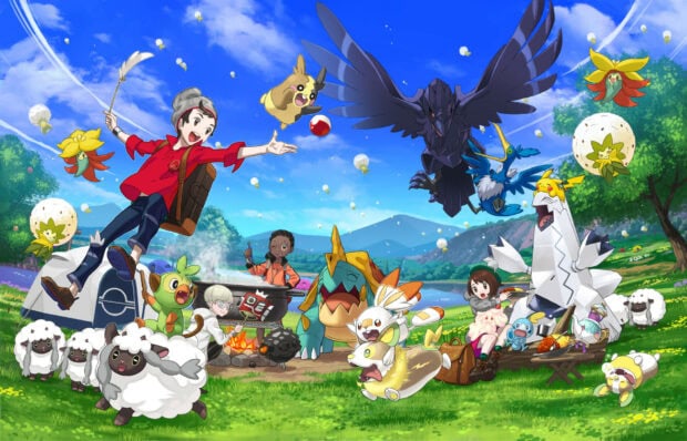 A group of Pokemon and trainers enjoying nature in a lively Pokemon anime scene