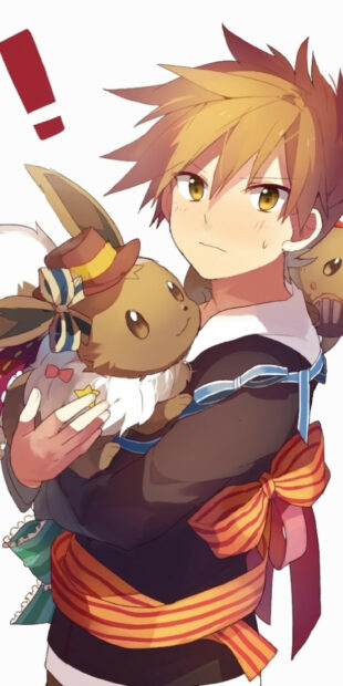 A young anime trainer holding an Eevee dressed in a fancy outfit with a hat