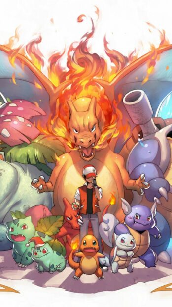 A Pokemon trainer surrounded by starters Bulbasaur Charmander and Squirtle with their evolutions Charizard Venusaur and Blastoise