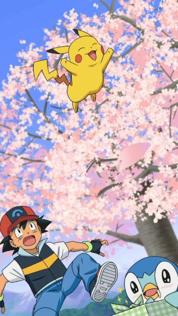 Ash and Pikachu with Piplup under cherry blossom trees in Pokemon anime
