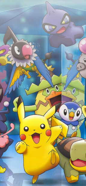 Cute Pokemon anime characters including Pikachu and friends in a joyful scene