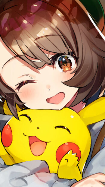 A girl from Pokemon anime hugging a smiling Pikachu plush toy tightly