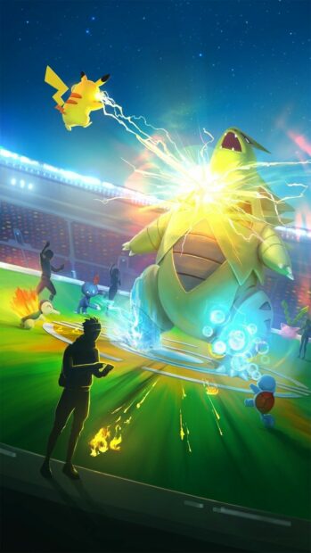 Pikachu uses electric powers to attack a large dinosaur Pokemon in a stadium battle