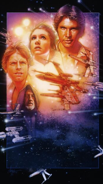 Star Wars characters and starfighter poster artwork in space scene
