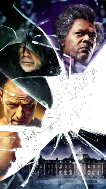 Intense action thriller characters in a shattered glass design with a mysterious building