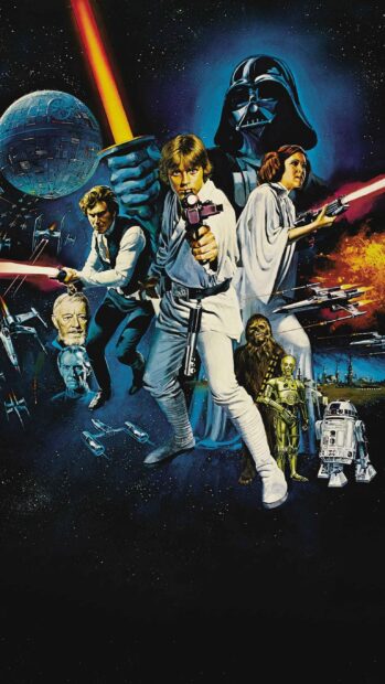 Star Wars characters poster featuring space battle scenes and iconic heroes