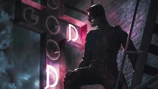 A dark vigilante sitting near a glowing neon poster with letters